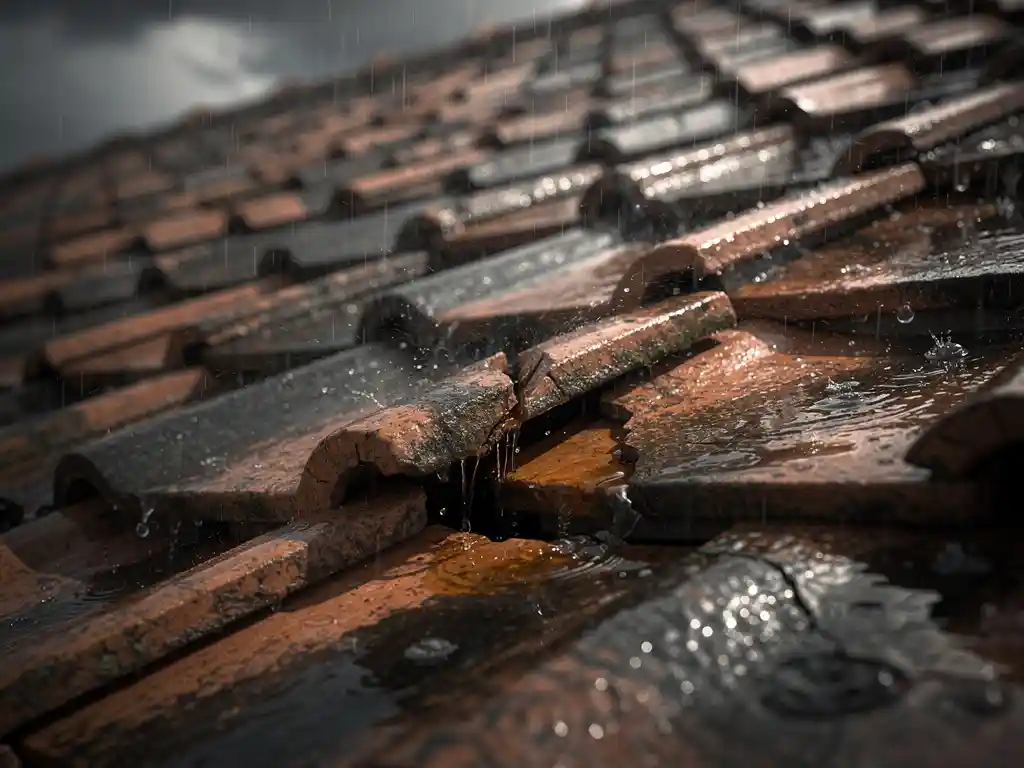 Verweerd terracotta dakpan met scheur en waterlekkage tijdens hevige regenbui, met donkere vlekken en opstuwend regenwater.