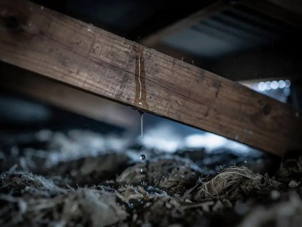 Waterdruppel die langs een houten dakspant loopt en neerkomt op stoffige dakisolatie in een donkere zolder.