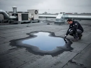 Dakspecialist inspecteert waterschade op plat commercieel dak met donkere vochtvlek op bitumineus membraan en stilstaand water.