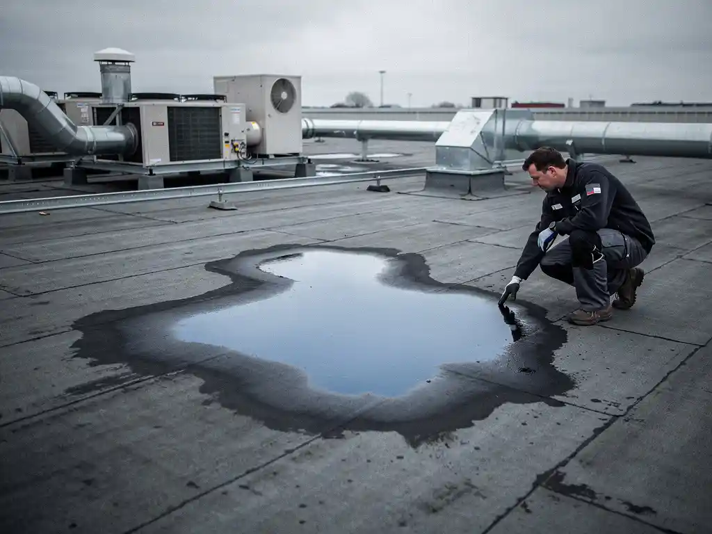 Dakspecialist inspecteert waterschade op plat commercieel dak met donkere vochtvlek op bitumineus membraan en stilstaand water.