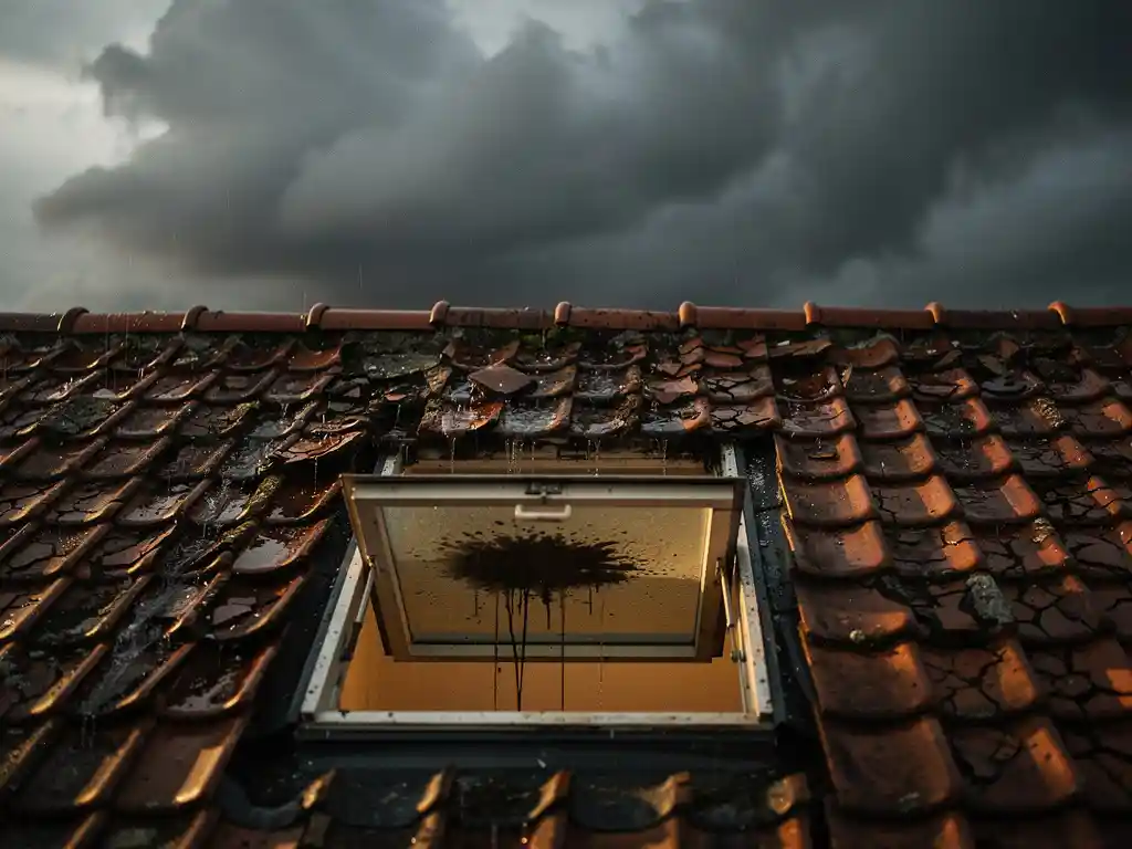 Stormwolk boven beschadigd dakpannen van Nederlandse woning met lekkage en natte vlek op zolderzoldering.