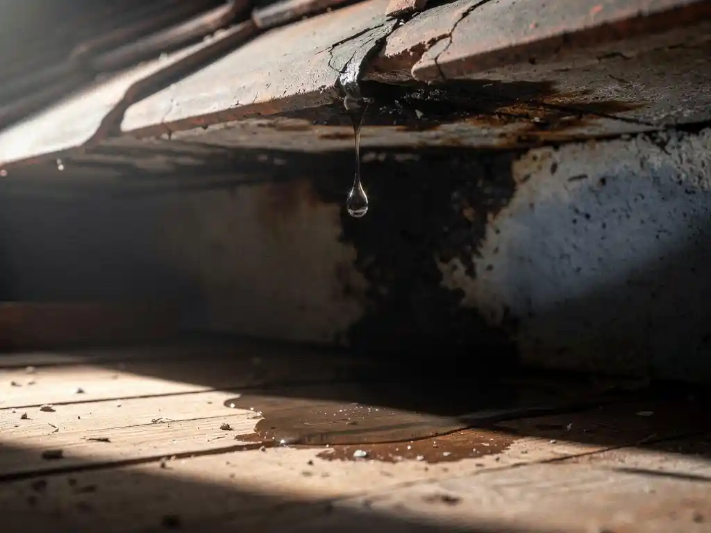 Waterdruppel hangend aan verweerde dakpan, met donkere vochtplek op betonnen zolderplafond en plasje op houten vloer.