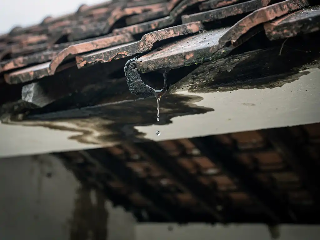 Donkere watervlekken op een wit plafond met een druppel uit een scheur in verouderde dakpannen, natte dakspanten zichtbaar.