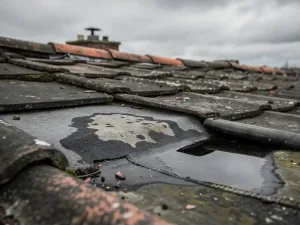 Verweerd dakoppervlak met waterlek, natte bitumineuze dakbedekking en stilstaand water op doorgezakte dakpannen onder bewolkte lucht.