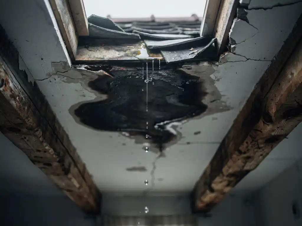 Donkere watervlek op wit pleisterwerk plafond met vallende druppels, zichtbare dakschade via vlizotrap, verweerde houten balken op de achtergrond.