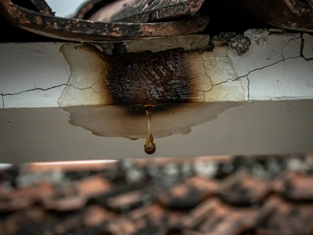 Donkere watervlek op wit pleisterwerk met een amberkleurige druppel vallend van verweerde terracotta dakpannen met gebarsten voegen.