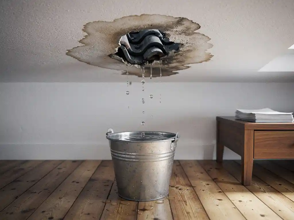 Waterlek in wit plafond met druppels in metalen emmer, verzekeringsdocument op houten oppervlak op de voorgrond.