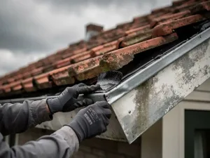Dakdekker met werkhandschoenen die bitumineuze kit aanbrengt langs verweerde dakrand waar tegels de metalen druiplijst raken, bewolkte lucht op de achtergrond.