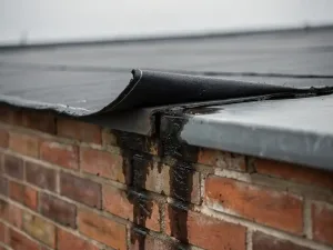 Losgeraakte bitumineuze dakrandafdichting op plat dak met vochtdoorslag en donkere vochtplekken op verweerde bakstenen gevel.
