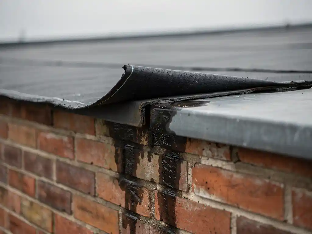 Losgeraakte bitumineuze dakrandafdichting op plat dak met vochtdoorslag en donkere vochtplekken op verweerde bakstenen gevel.