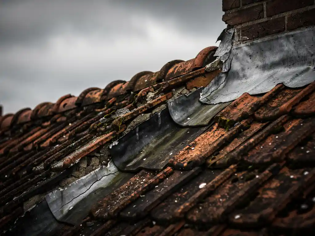 Verweerde dakrand met gebarsten voegwerk en aangetaste dakpannen bij schoorsteen, watervlekken op terracotta dakpannen onder bewolkte lucht.