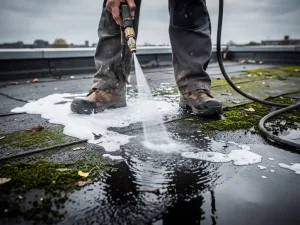 Dakdekker reinigt bitumineus plat dak met hogedrukreiniger, groene mosresten spoelen weg onder bewolkte Nederlandse lucht.