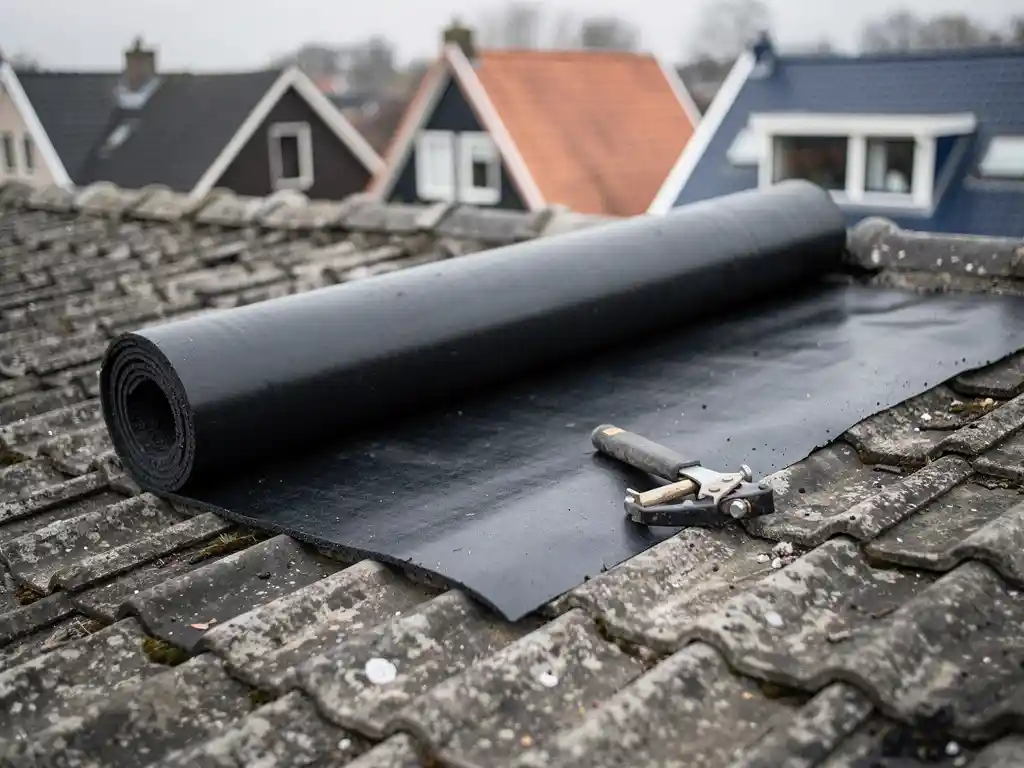 Dakdekker rolt bitumineuze dakbaan uit over verweerde grijze dakpannen tijdens dakrenovatie in Nederlandse woonwijk.