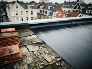 Dakrenovatie met half geïnstalleerd bitumineus membraan naast verouderd dakbedekking, stapel terracotta dakpannen, Nederlandse woonwijk op achtergrond.