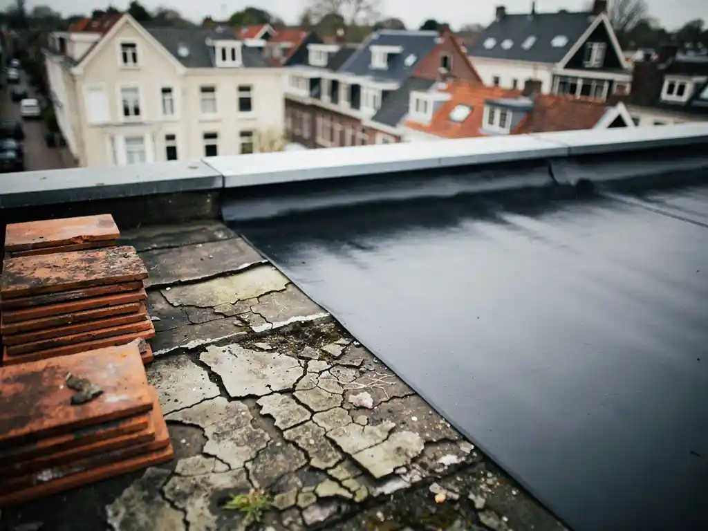 Dakrenovatie met half geïnstalleerd bitumineus membraan naast verouderd dakbedekking, stapel terracotta dakpannen, Nederlandse woonwijk op achtergrond.