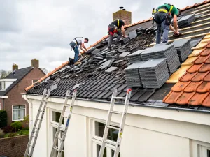 Dakdekkers vervangen bitumineuze dakpannen op steile woning, grijze leien gestapeld, ladders tegen gevel, bewolkte Nederlandse lucht.