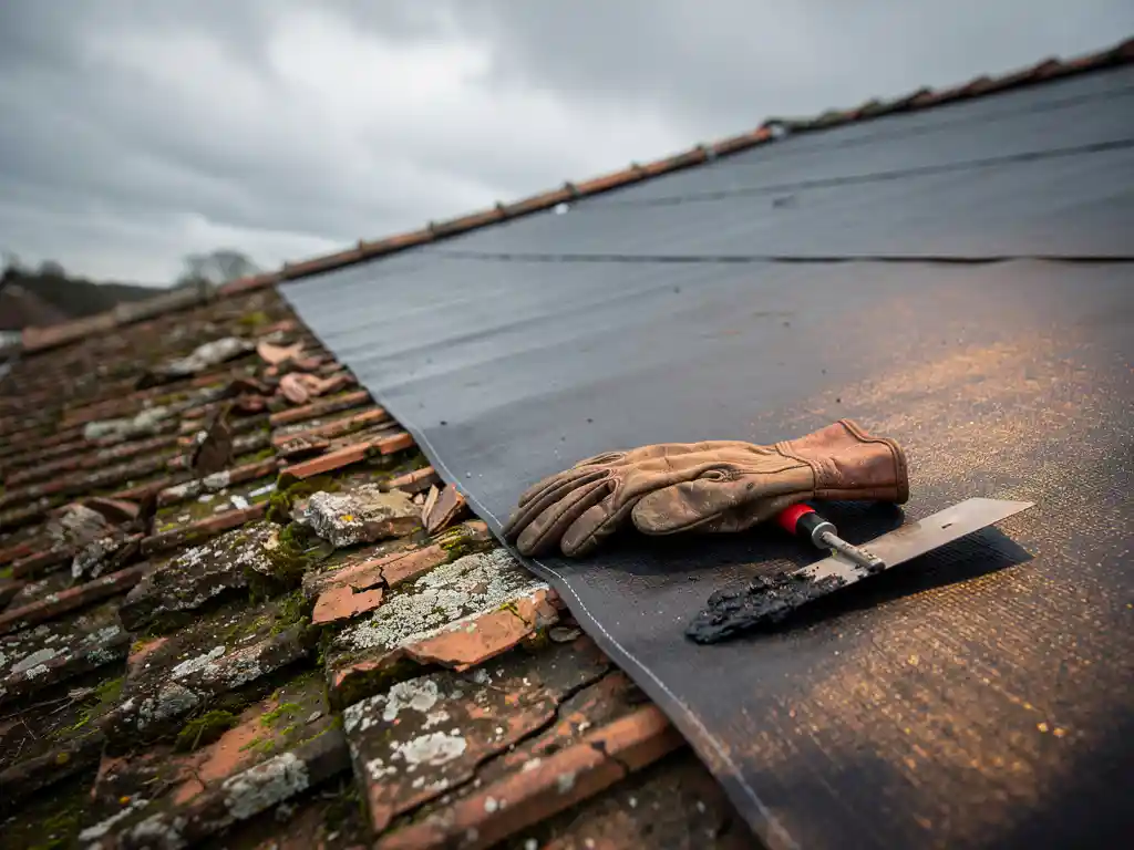 Verweerd dakoppervlak met mos op oude terracotta pannen naast nieuw bitumineus dakfolie, met een leren handschoen en truweel op de grens.