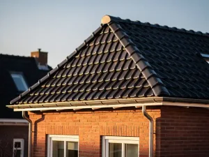 Vernieuwd Nederlands woonhuis met donkergrijze dakpannen, rode bakstenen gevel en strakke nokdetaillering in middagzonlicht.