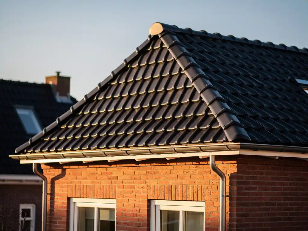 Vernieuwd Nederlands woonhuis met donkergrijze dakpannen, rode bakstenen gevel en strakke nokdetaillering in middagzonlicht.