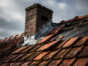 Verweerd dakdek in renovatie met verschoven dakpannen, gebarsten loodslabben rond schoorsteen en onafgedichte nokrand tegen bewolkte lucht.