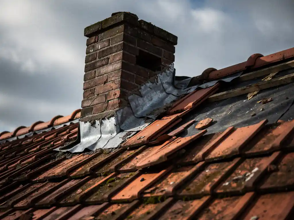 Verweerd dakdek in renovatie met verschoven dakpannen, gebarsten loodslabben rond schoorsteen en onafgedichte nokrand tegen bewolkte lucht.