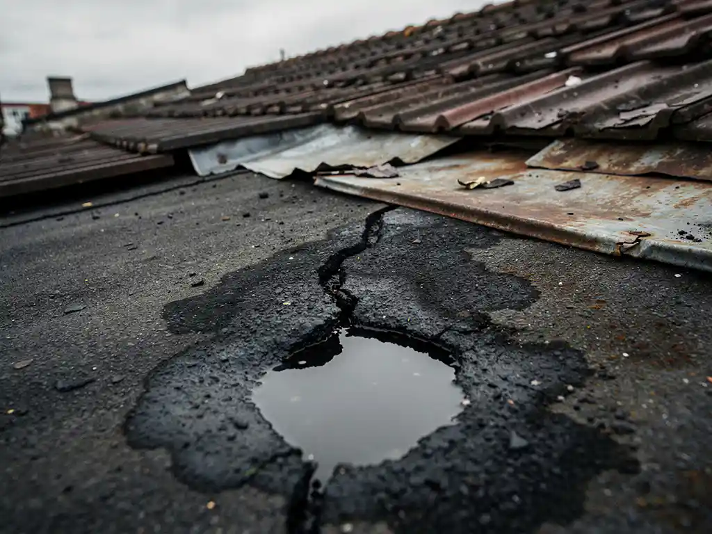 Verweerde dakhoek met gebarsten bitumennaad, donkere watervlekken en slijtage aan dakpannen en loodwerk.