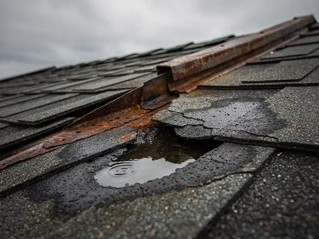 Verweerd dak met gebarsten bitumineuze shingles, roestige metalen dakrand en waterplassen in doorgezakt dakgedeelte.