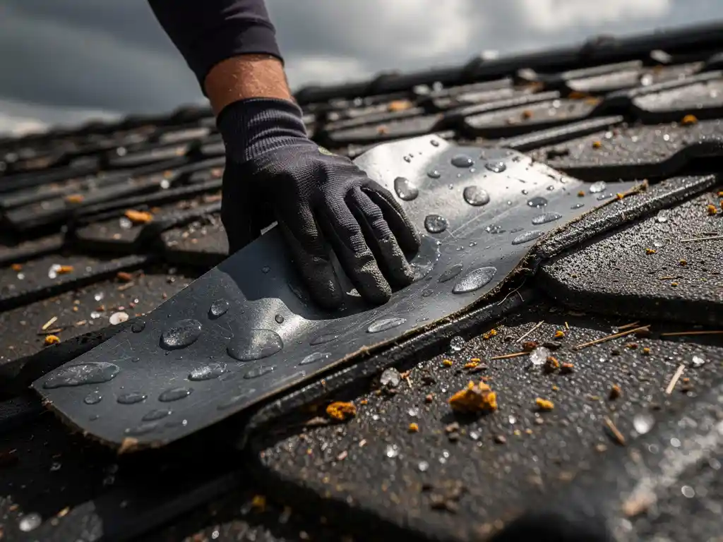Dakdekker drukt bitumineuze beschermingsmembraan op hagelschade dakpannen bij bewolkte lucht.