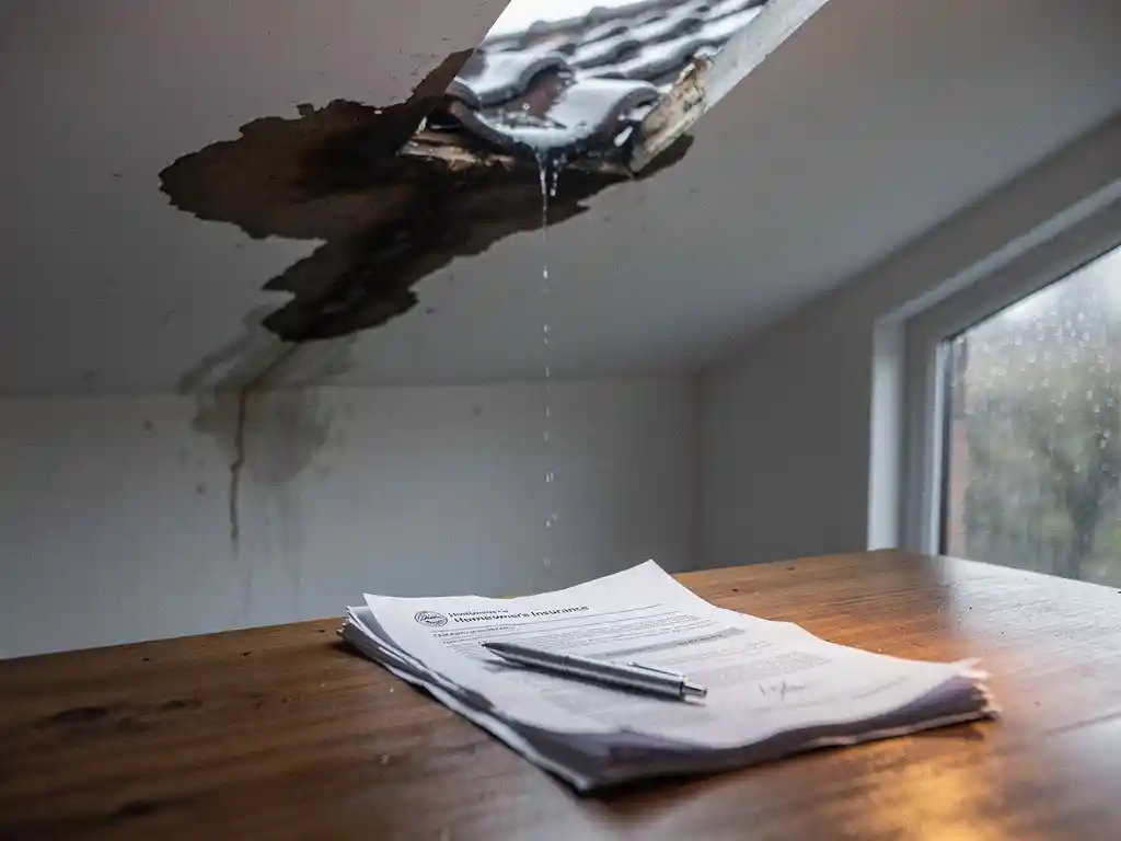 Donkere watervlek op wit plafond door beschadigd dakpan, met regenwater dat druppelt en een verzekeringsdocument op houten tafel eronder.