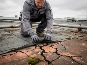 Dakspecialist inspecteert gebarsten bitumenmembraan op verwerend plat dak, met mos en verroeste afvoerpijpen op bewolkte dag.
