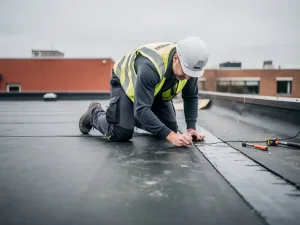 Dakspecialist inspecteert naad van bitumineuze dakbedekking op plat commercieel dak onder bewolkte Nederlandse lucht.