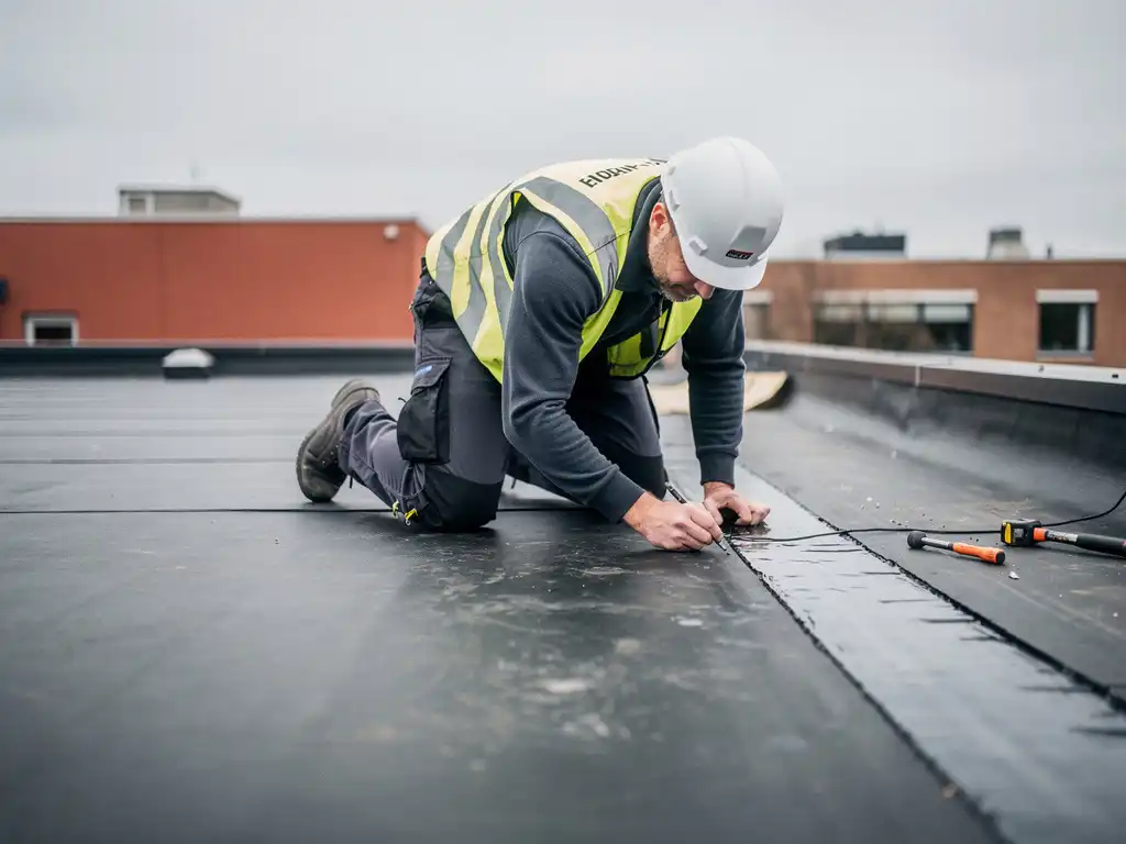 Dakspecialist inspecteert naad van bitumineuze dakbedekking op plat commercieel dak onder bewolkte Nederlandse lucht.