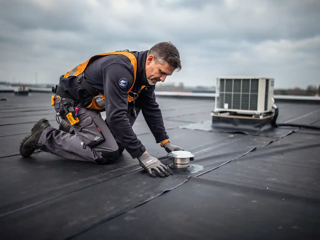 Dakspecialist inspecteert bitumineuze membraanlaag op plat dak, met afvoerput en HVAC-unit op de achtergrond.