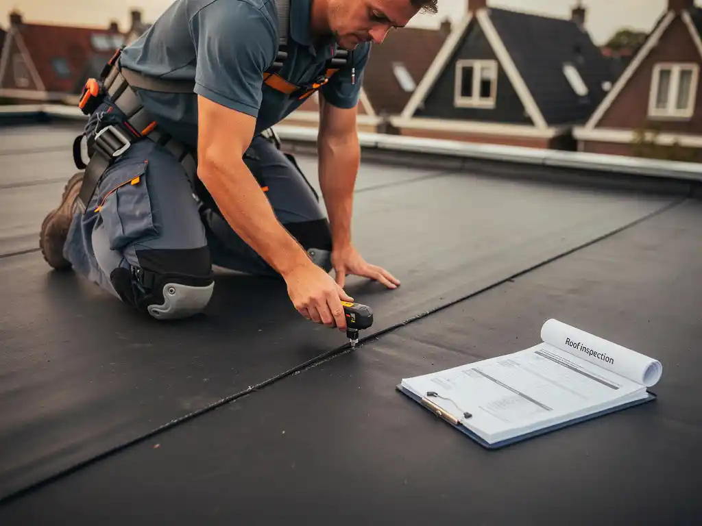 Dakdekker inspecteert naad van bitumineuze dakbedekking met gereedschap, klembord met onderhoudsdocumenten op plat dak in Nederlandse wijk.