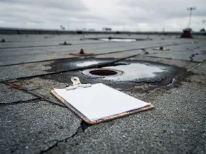 Verweerd plat dak met gebarsten bitumenmembraan, waterophoping bij afvoer en inspectieklembord op het beschadigde dakoppervlak.