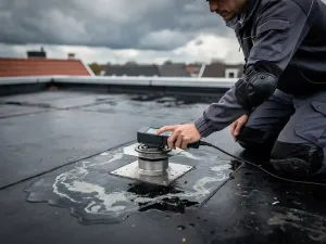 Dakspecialist meet vochtgehalte op natte bitumineuze dakbedekking met vochtmeter naast afvoer met watervlekken.