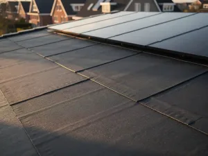 Bitumineuze dakbedekking met geïntegreerde zonnepanelen op een woning in een Nederlandse wijk, gefotografeerd tijdens het gouden uur.