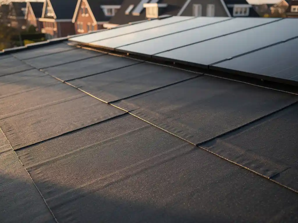 Bitumineuze dakbedekking met geïntegreerde zonnepanelen op een woning in een Nederlandse wijk, gefotografeerd tijdens het gouden uur.