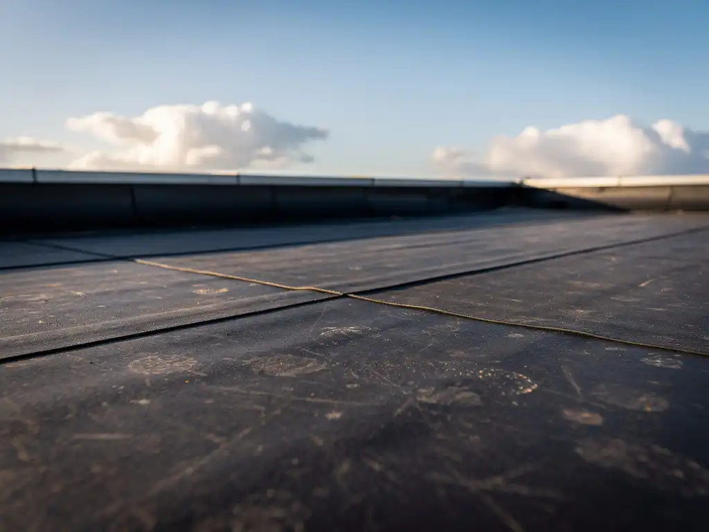 Gladde antracietgrijze EPDM rubber dakbedekking op een plat dak met verweerde textuur, blauwe lucht op de achtergrond.