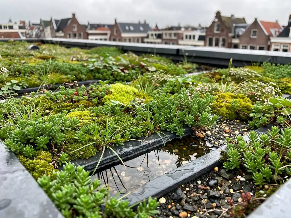 Begroeide sedumdakbedekking met waterplassen na regen, met een Nederlandse stadshorizon op de achtergrond onder bewolkte lucht.