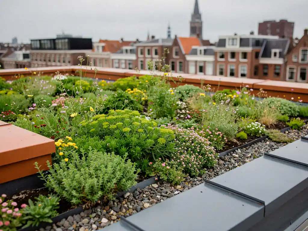 Weelderige sedum en wilde bloemen op een groen dak in een Nederlandse stad, met een zachte stedelijke skyline op de achtergrond.
