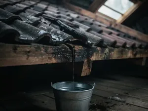 Verweerde dakpannen met waterstrepen en zichtbare scheur waaruit regenwater druppelt in een emmer op een vochtige zolder.