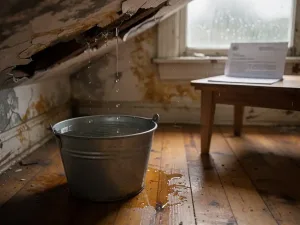 Emmer op houten vloer die druppels opvangt van een watergeschadigde gips plafond, met formele huisbaasbrief op tafel.