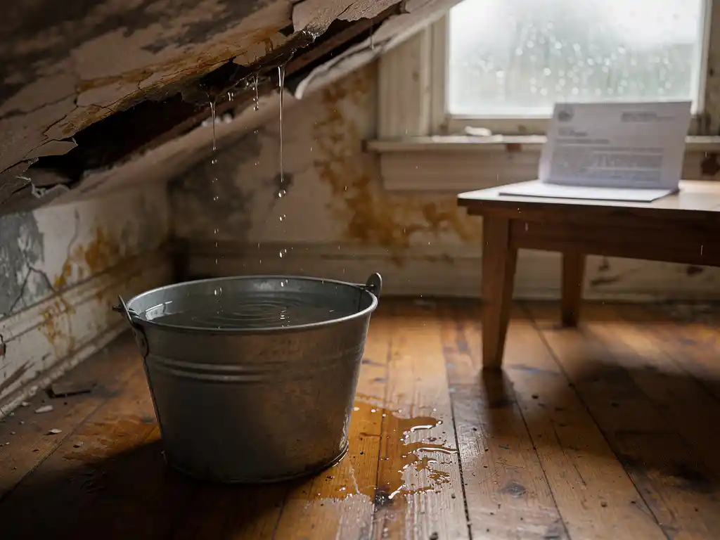 Emmer op houten vloer die druppels opvangt van een watergeschadigde gips plafond, met formele huisbaasbrief op tafel.