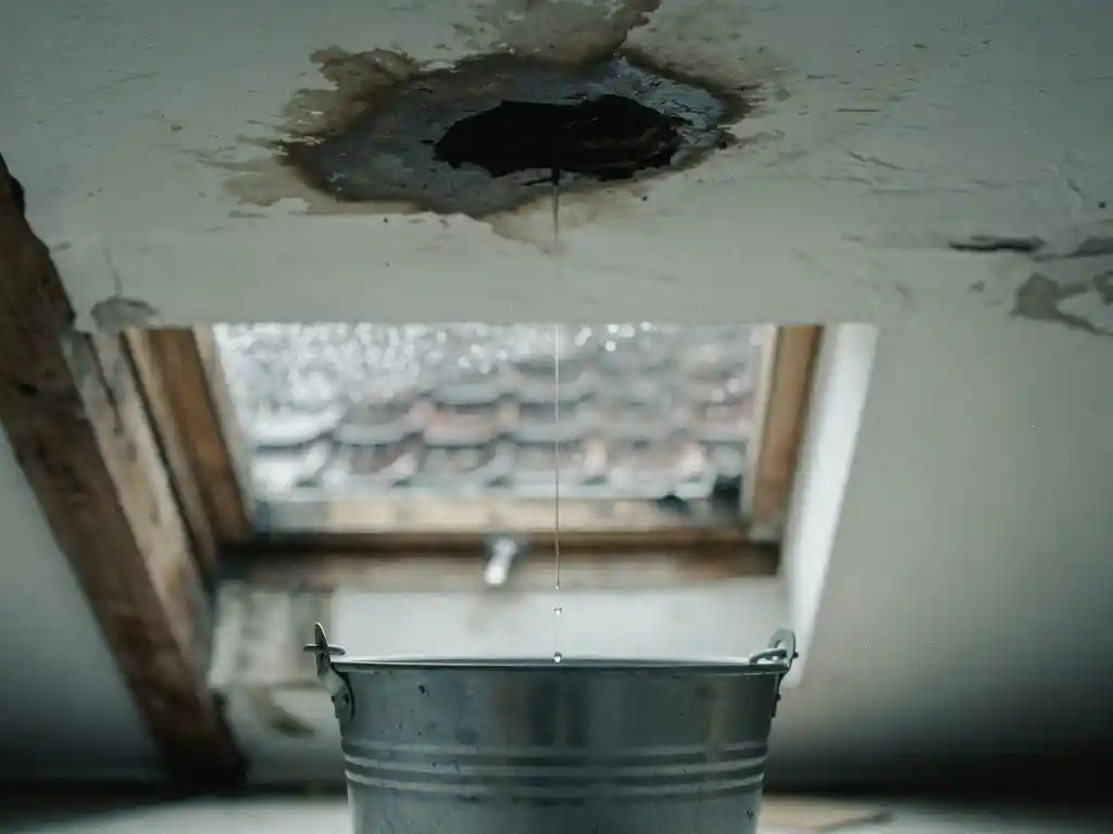 Waterlek op wit plafond met druppel in zilveren emmer, versleten dakpannen zichtbaar door regennat dakraam op de achtergrond.