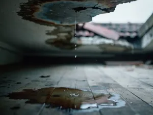 Donkere watervlek op verweerd plafond met druppels van gebarsten dakpan en plas op versleten houten vloer.