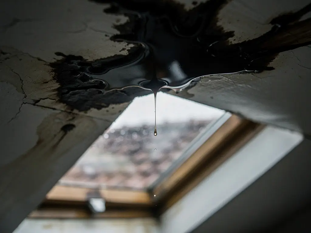 Donkere watervlek op wit plafond met vallende druppel, verweerde dakpan zichtbaar door regenachtig dakvenster op de achtergrond.