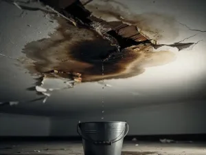 Waterlek op wit plafond met bruine vlek, afbladderende verf en metalen opvangbak op de vloer.