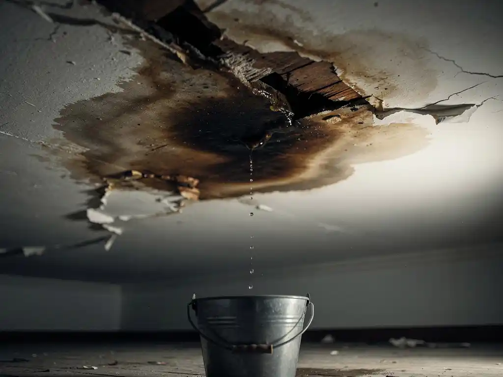 Waterlek op wit plafond met bruine vlek, afbladderende verf en metalen opvangbak op de vloer.