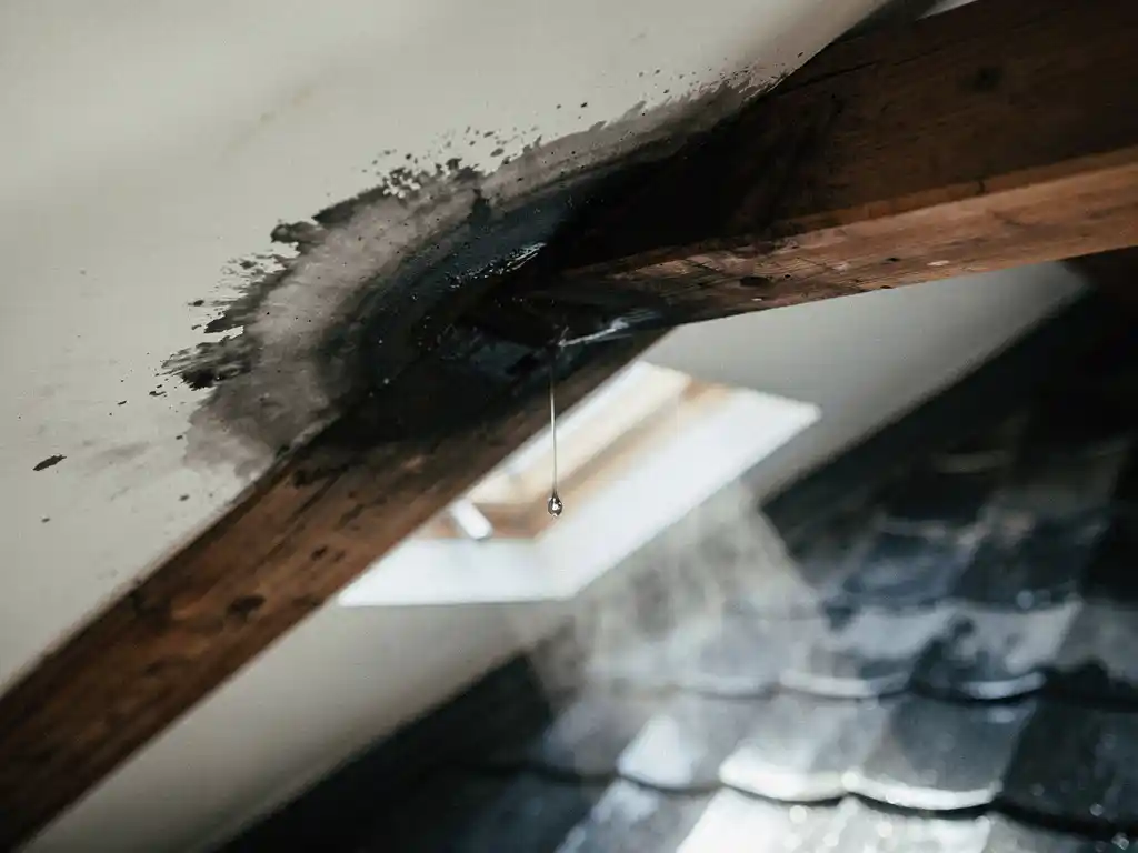 Donkere watervlek op wit plafond naast houten dakbalk, met vallende druppel en condensatie op koude dakpannen op de achtergrond.